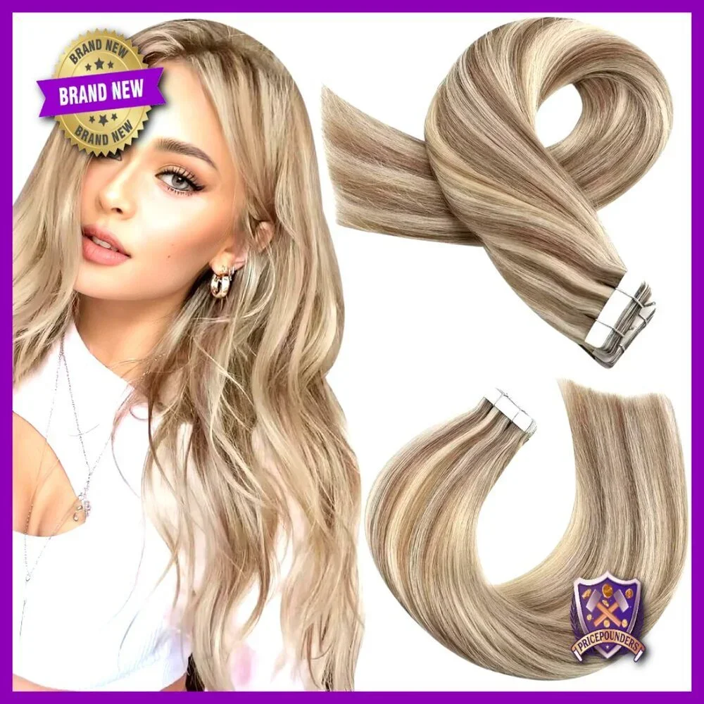 18 Inch Human Hair Tape-In Extensions, Seamless Skin Weft, 20 Pieces